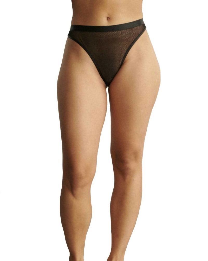 Front of a model wearing a size Large Women'S Haze Fishnet High Leg Bikini Bottom In Black in Black by Blush Lingerie. | dia_product_style_image_id:356701